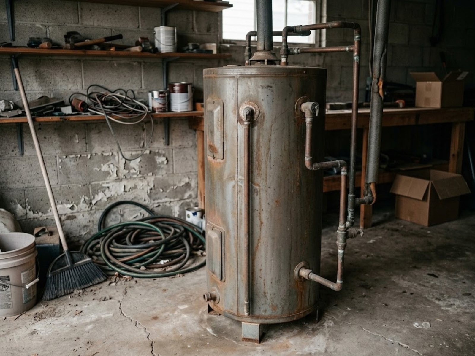 Plumber inspecting a residential water heater